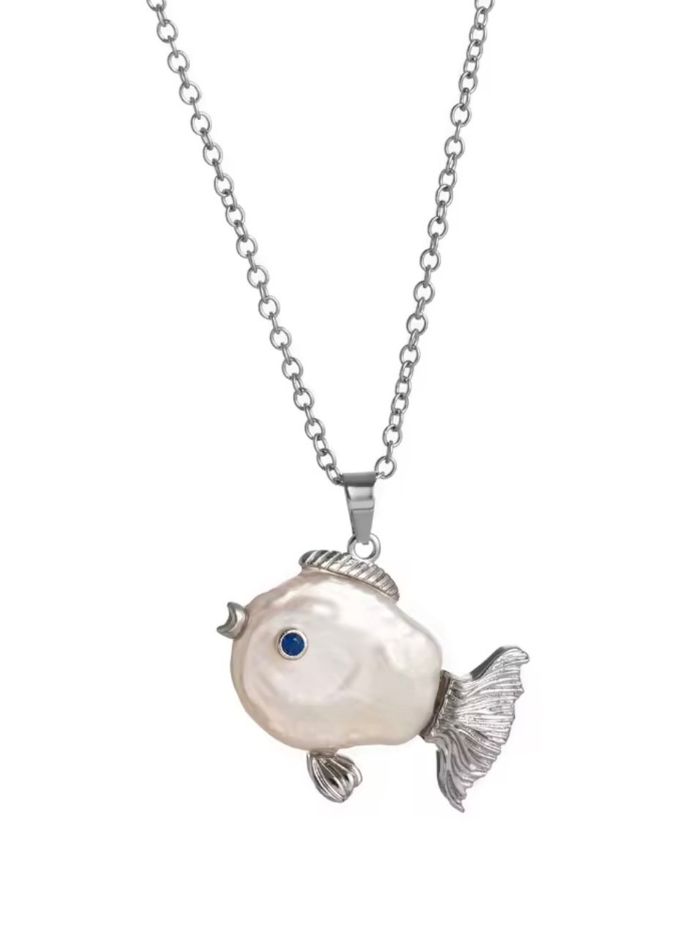 Anthropologie Pearl Fish Pendant Necklace - Silver Tone with White Pearl
